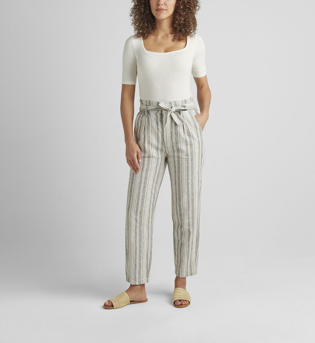 Belted striped high cheap waisted tapered pants